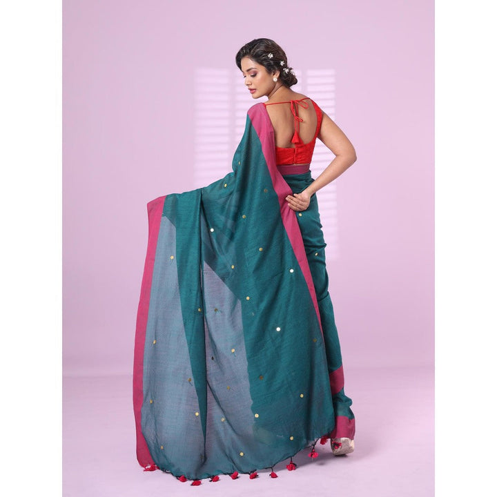 CHARUKRITI Teal Cotton Sequence Work Soft Saree Contrast Border with Unstitched Blouse