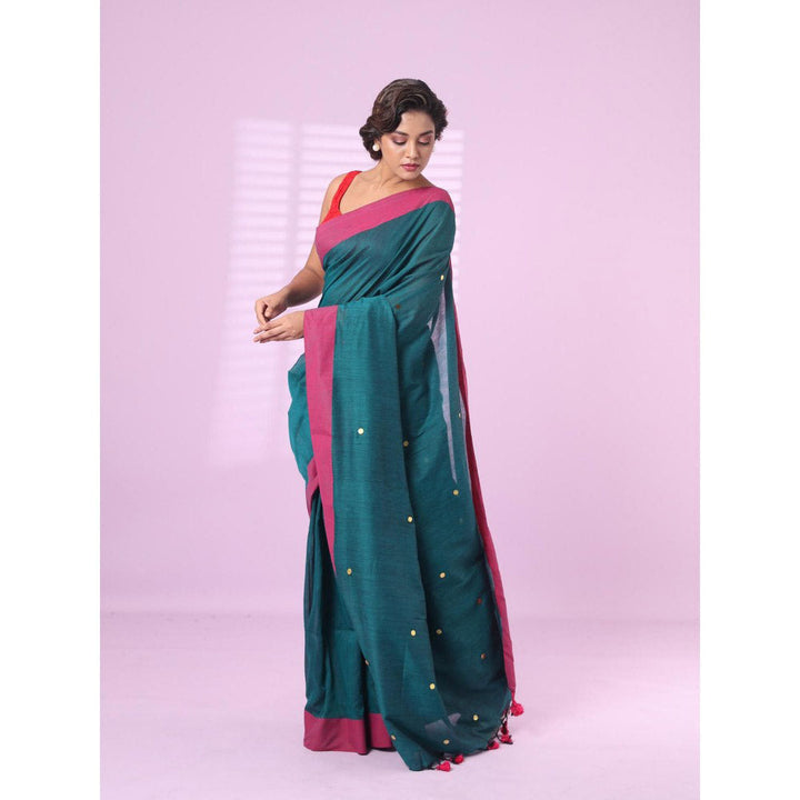 CHARUKRITI Teal Cotton Sequence Work Soft Saree Contrast Border with Unstitched Blouse