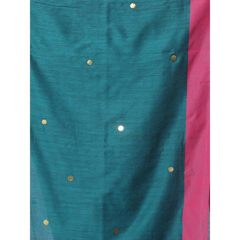 CHARUKRITI Teal Cotton Sequence Work Soft Saree Contrast Border with Unstitched Blouse