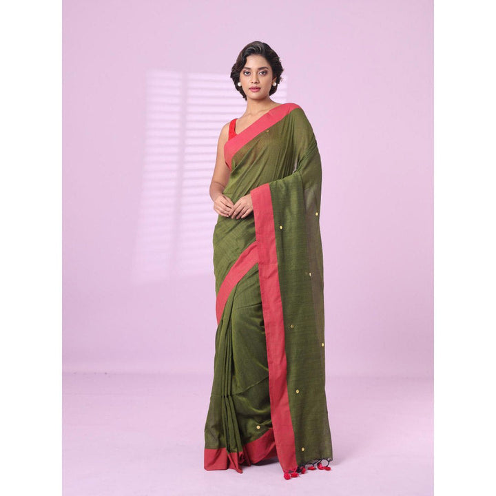 CHARUKRITI Sap Green Cotton Sequence Work Soft Saree Contrast Border with Unstitched Blouse