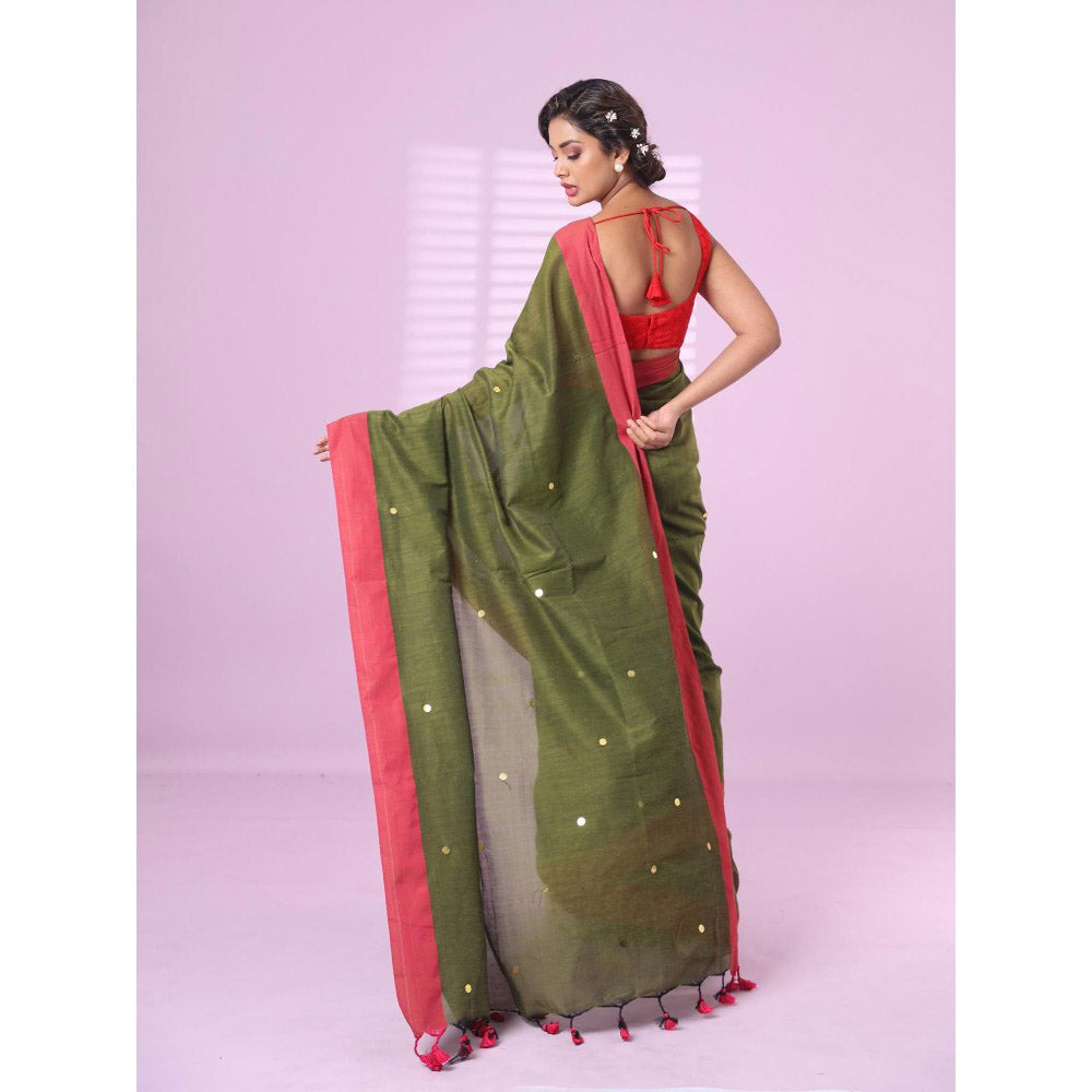 CHARUKRITI Sap Green Cotton Sequence Work Soft Saree Contrast Border with Unstitched Blouse