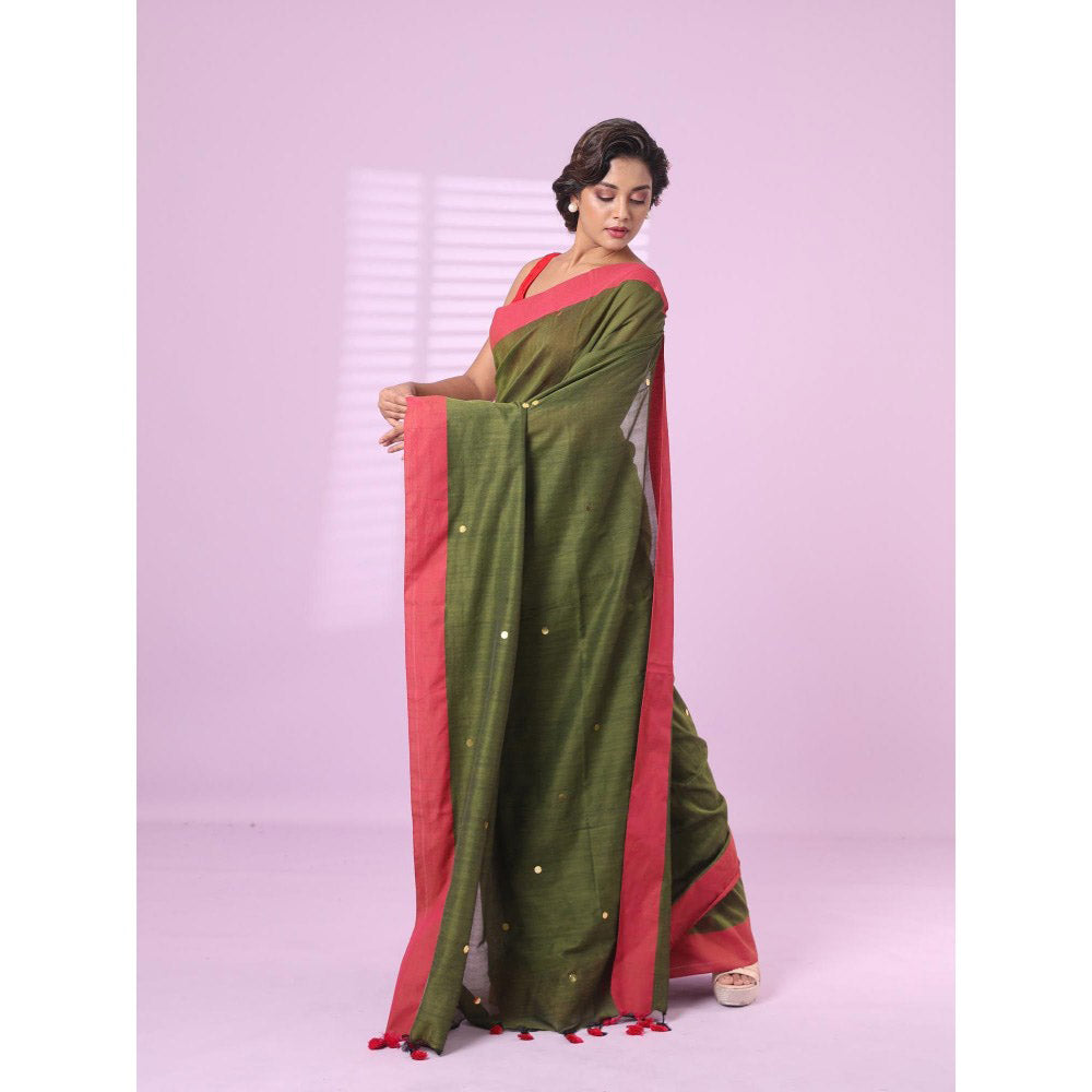 CHARUKRITI Sap Green Cotton Sequence Work Soft Saree Contrast Border with Unstitched Blouse