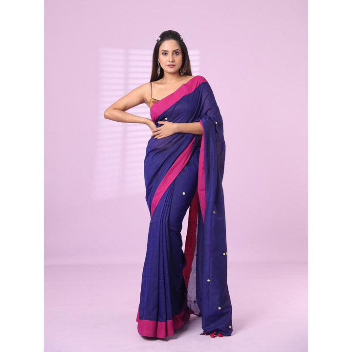 CHARUKRITI Navy Blue Cotton Sequence Work Soft Saree Contrast Border with Unstitched Blouse