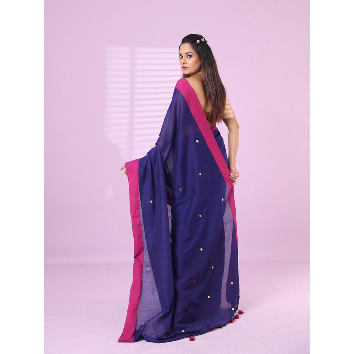 CHARUKRITI Navy Blue Cotton Sequence Work Soft Saree Contrast Border with Unstitched Blouse