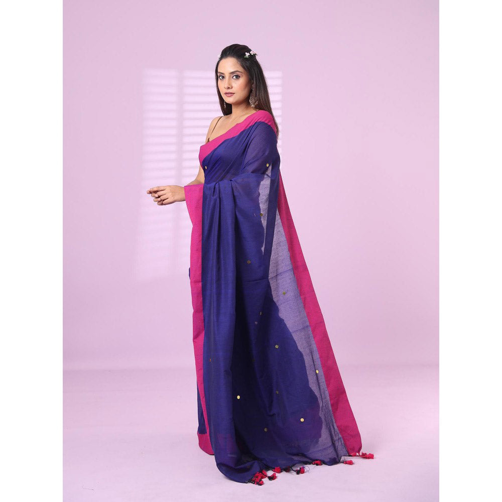 CHARUKRITI Navy Blue Cotton Sequence Work Soft Saree Contrast Border with Unstitched Blouse