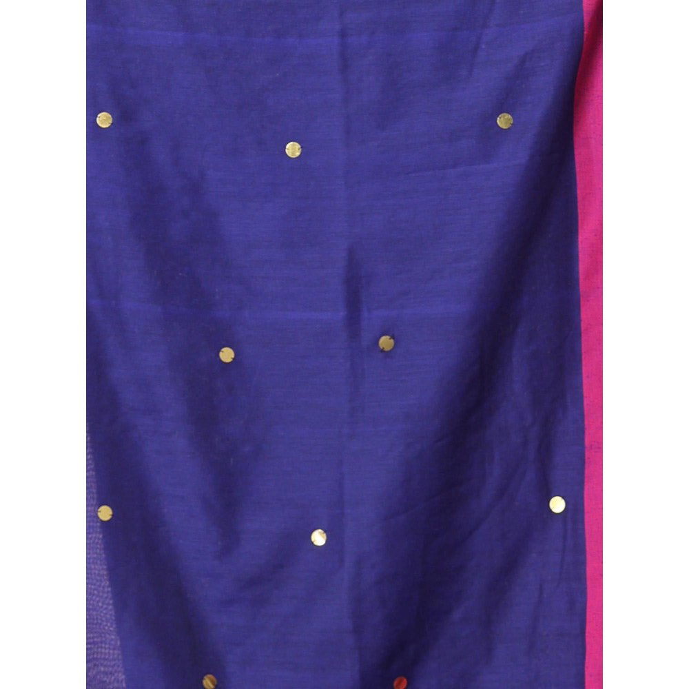 CHARUKRITI Navy Blue Cotton Sequence Work Soft Saree Contrast Border with Unstitched Blouse