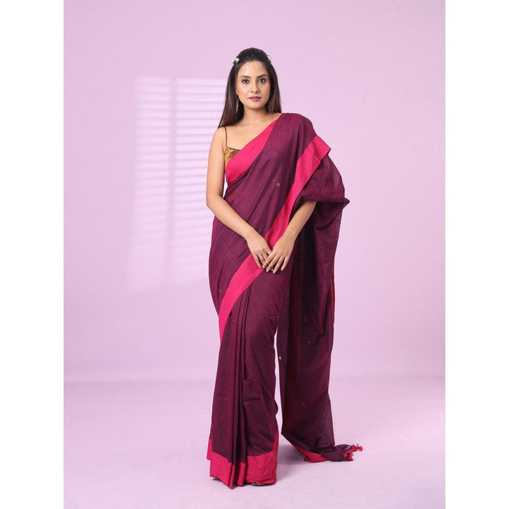 CHARUKRITI Purple Cotton Sequence Work Soft Saree Contrast Border with Unstitched Blouse