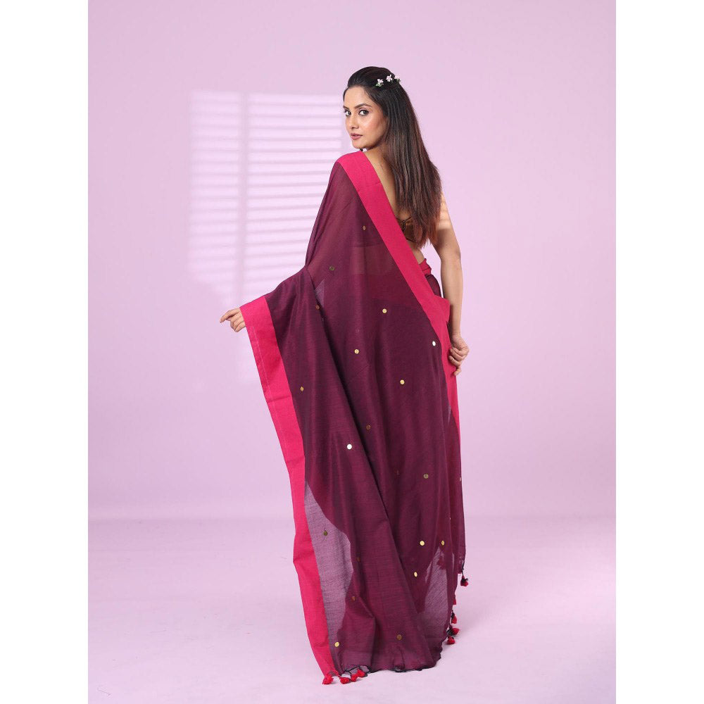 CHARUKRITI Purple Cotton Sequence Work Soft Saree Contrast Border with Unstitched Blouse