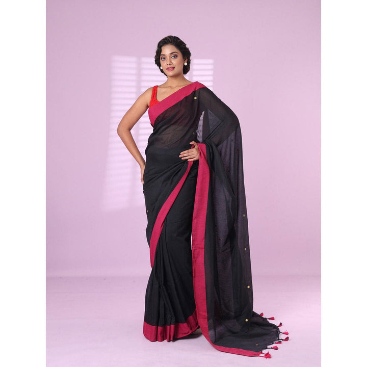 CHARUKRITI Black Cotton Sequence Work Soft Saree Contrast Border with Unstitched Blouse