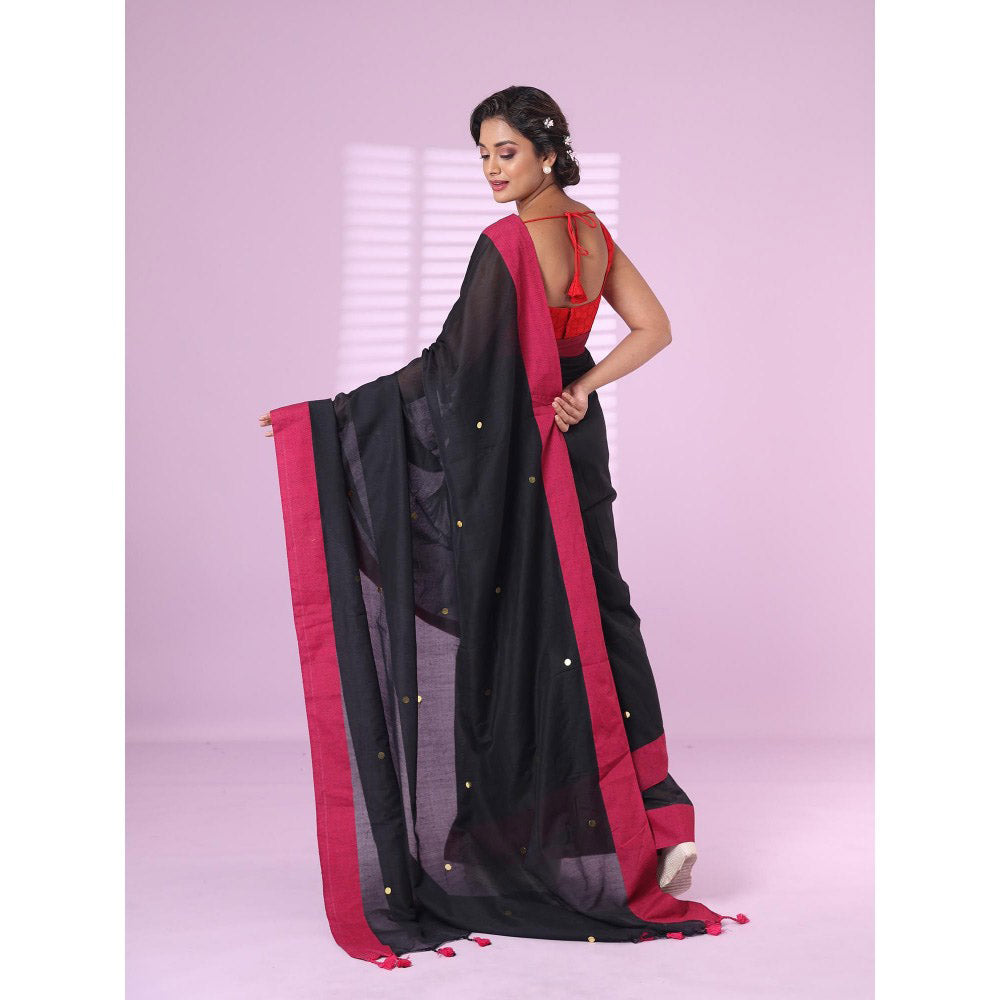 CHARUKRITI Black Cotton Sequence Work Soft Saree Contrast Border with Unstitched Blouse