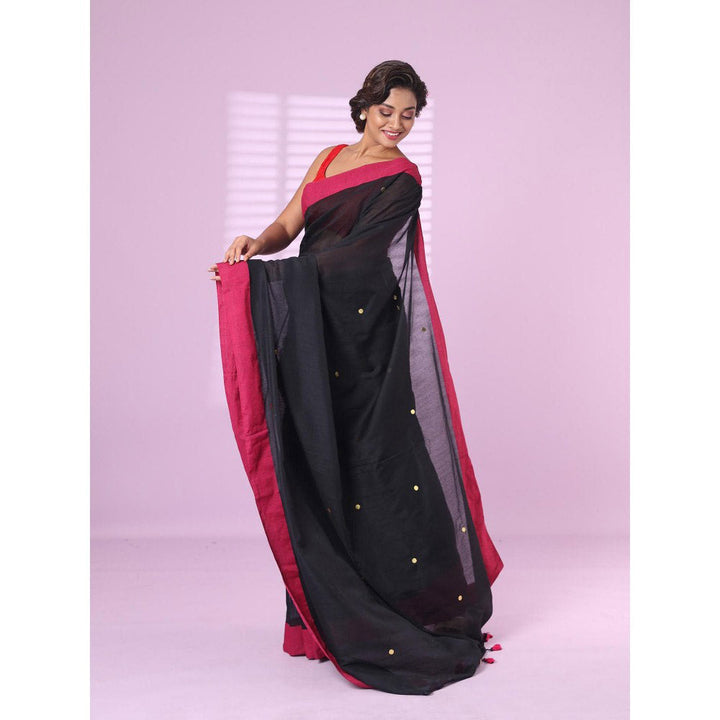 CHARUKRITI Black Cotton Sequence Work Soft Saree Contrast Border with Unstitched Blouse