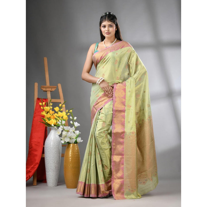 CHARUKRITI Pistachio Green Floral Motifs Tissue Silk Zari Border Saree with Unstitched Blouse