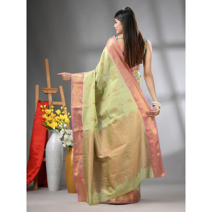 CHARUKRITI Pistachio Green Floral Motifs Tissue Silk Zari Border Saree with Unstitched Blouse