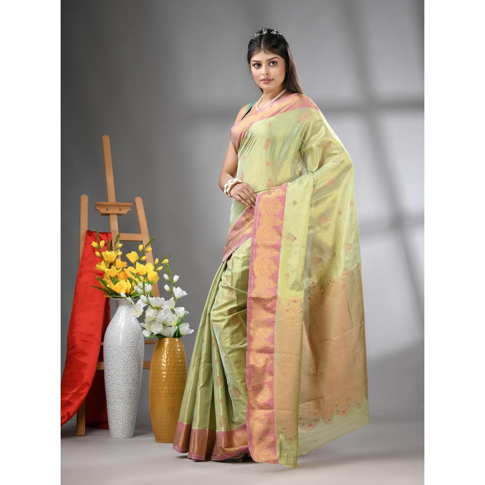 CHARUKRITI Pistachio Green Floral Motifs Tissue Silk Zari Border Saree with Unstitched Blouse