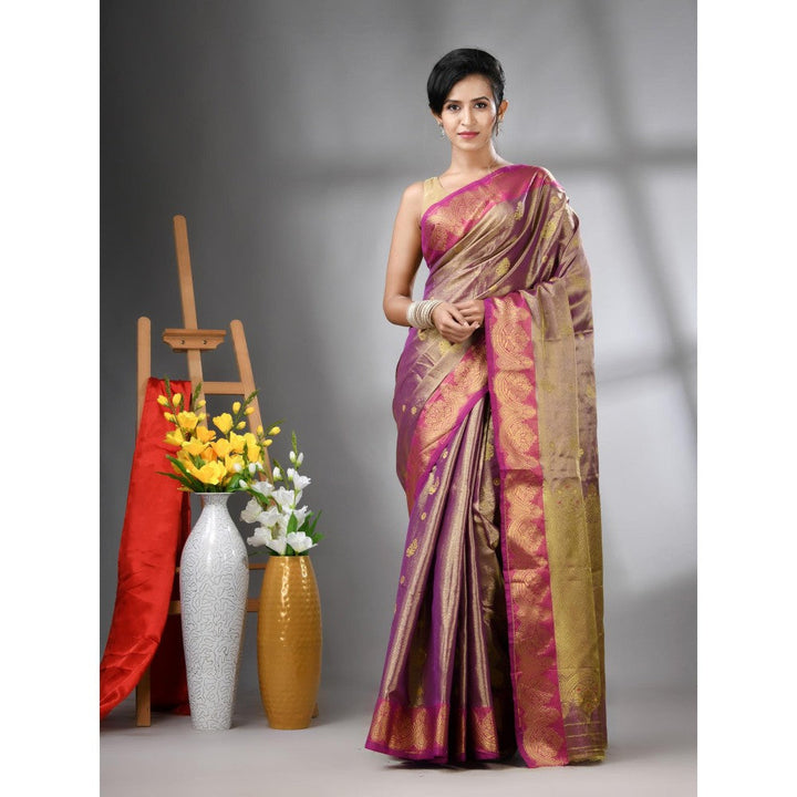 CHARUKRITI Purple Floral Motifs Tissue Silk Zari Border Saree with Unstitched Blouse