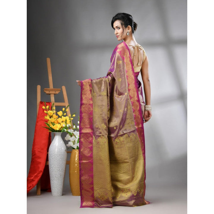 CHARUKRITI Purple Floral Motifs Tissue Silk Zari Border Saree with Unstitched Blouse