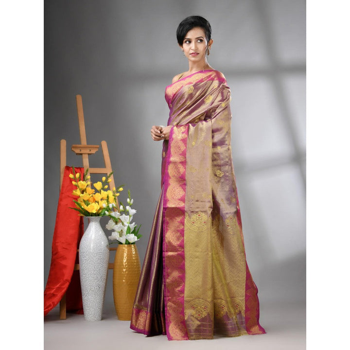 CHARUKRITI Purple Floral Motifs Tissue Silk Zari Border Saree with Unstitched Blouse