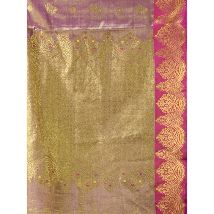 CHARUKRITI Purple Floral Motifs Tissue Silk Zari Border Saree with Unstitched Blouse