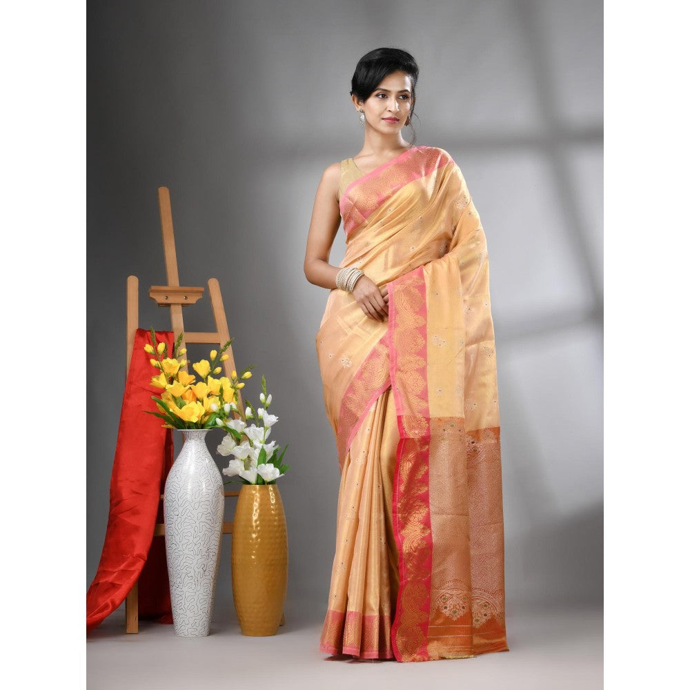 CHARUKRITI Peach Floral Motifs Tissue Silk Zari Border Saree with Unstitched Blouse