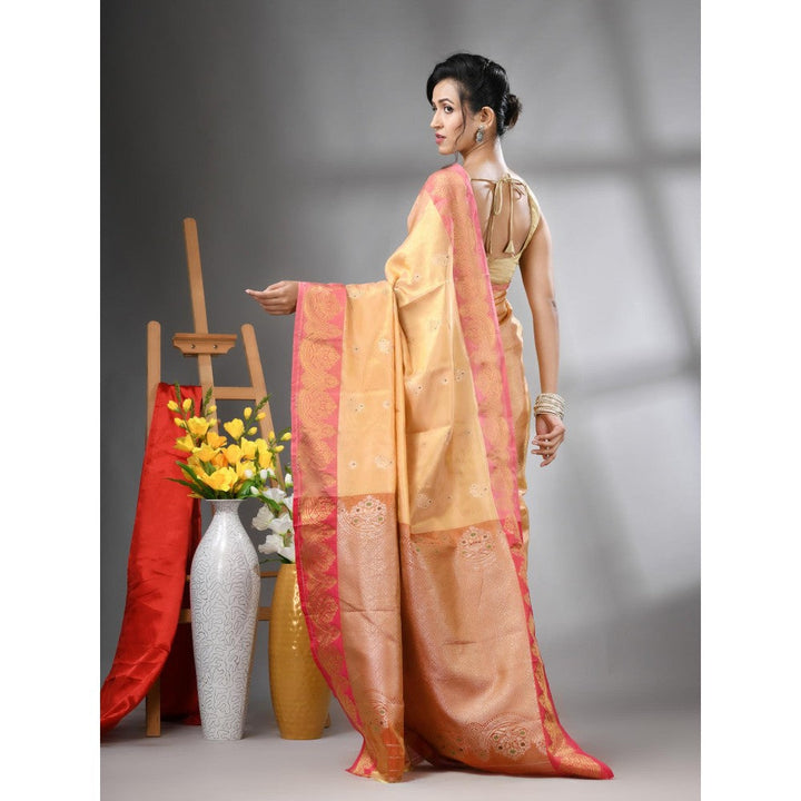 CHARUKRITI Peach Floral Motifs Tissue Silk Zari Border Saree with Unstitched Blouse