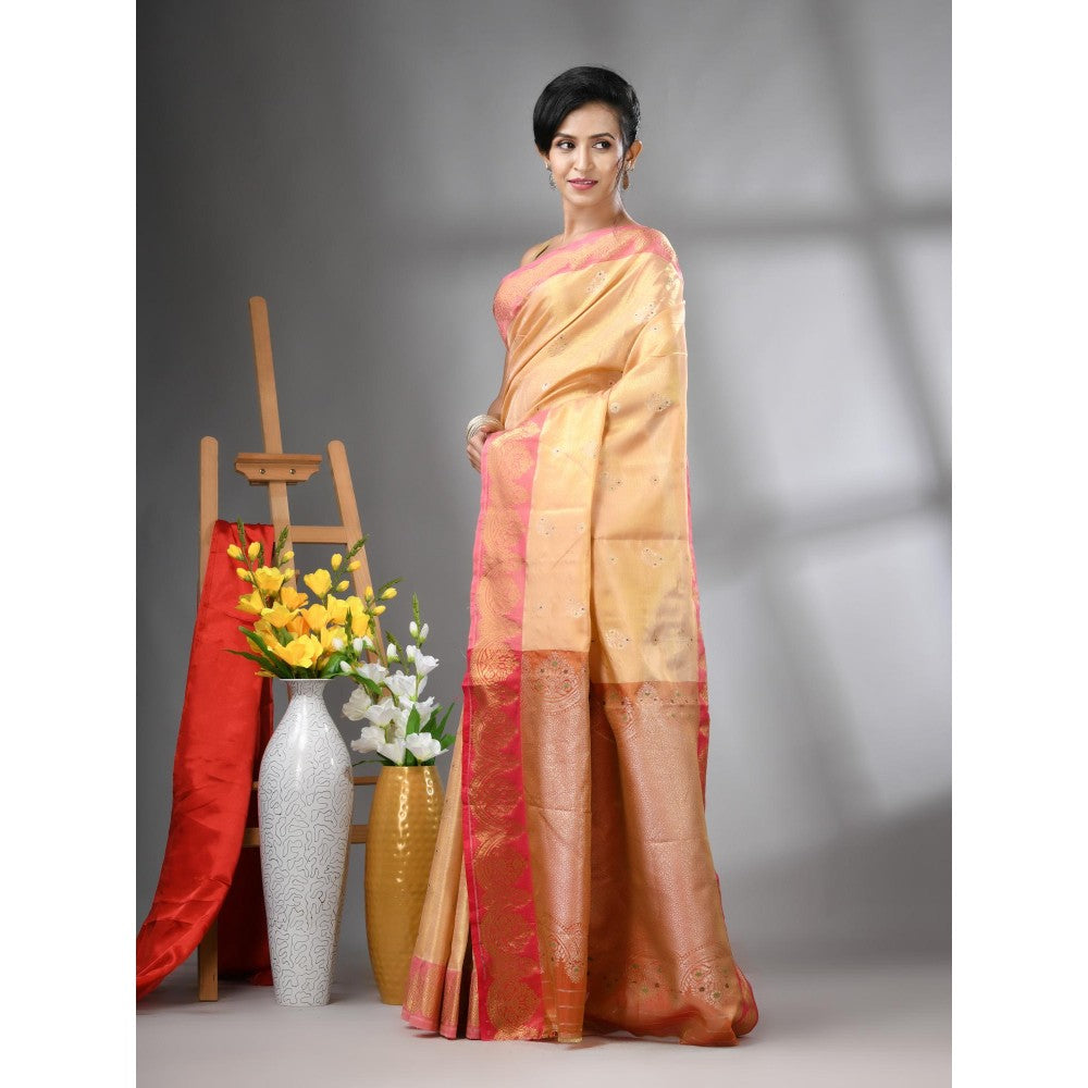 CHARUKRITI Peach Floral Motifs Tissue Silk Zari Border Saree with Unstitched Blouse