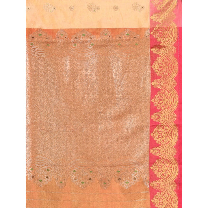 CHARUKRITI Peach Floral Motifs Tissue Silk Zari Border Saree with Unstitched Blouse