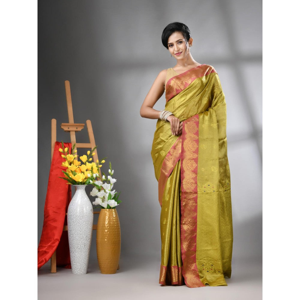 CHARUKRITI Sap Green Floral Motifs Tissue Silk Zari Border Saree with Unstitched Blouse