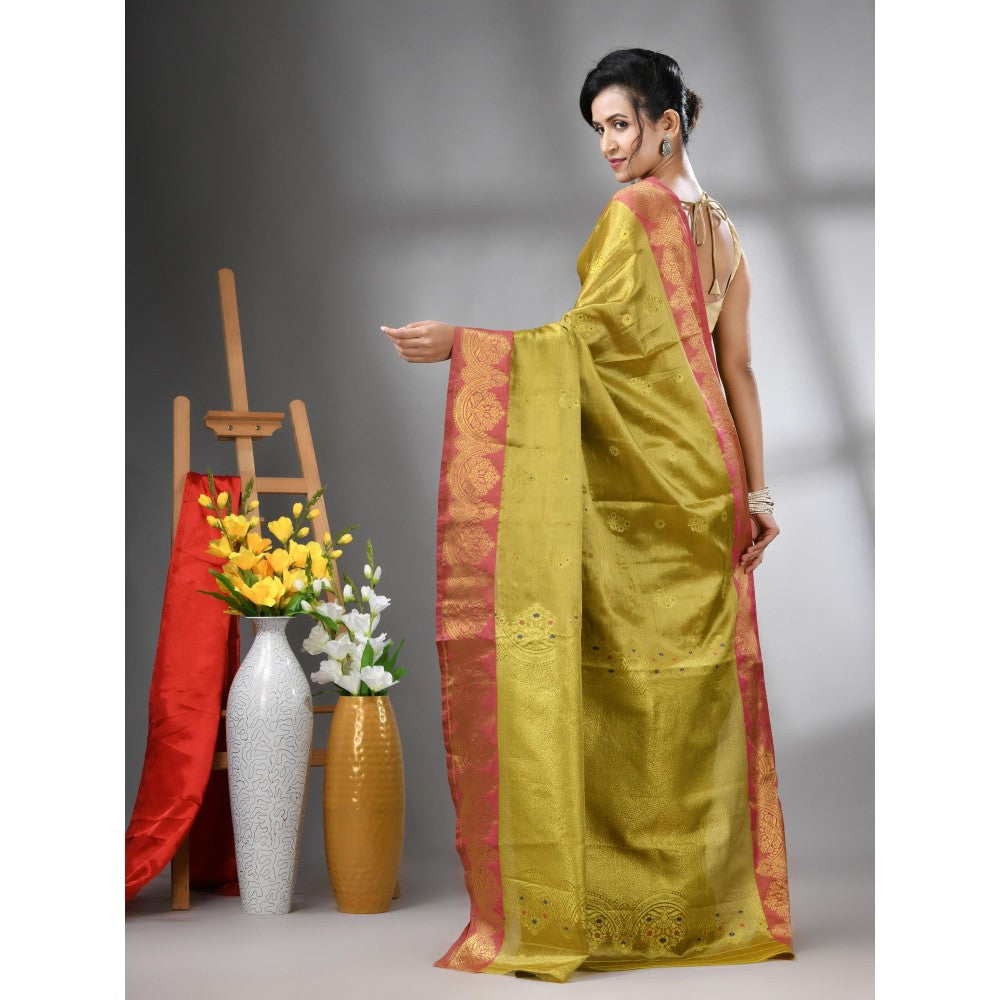 CHARUKRITI Sap Green Floral Motifs Tissue Silk Zari Border Saree with Unstitched Blouse