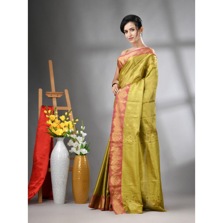 CHARUKRITI Sap Green Floral Motifs Tissue Silk Zari Border Saree with Unstitched Blouse