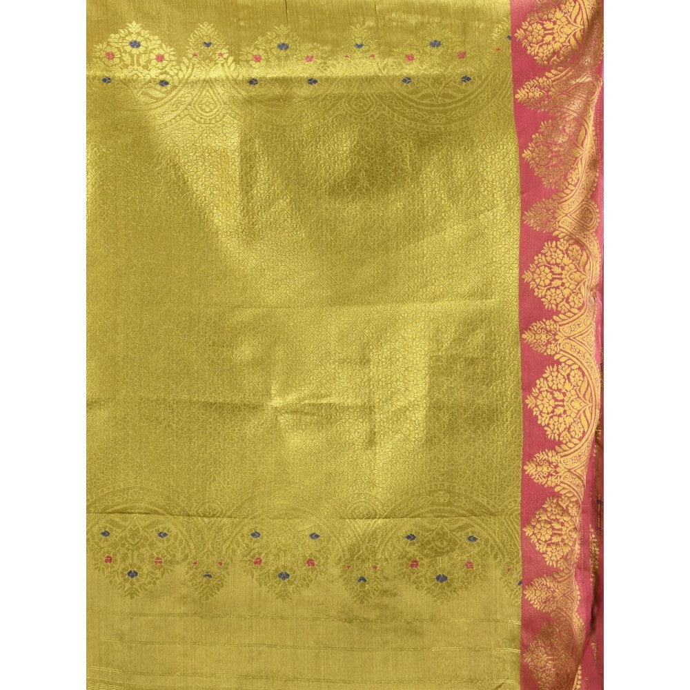 CHARUKRITI Sap Green Floral Motifs Tissue Silk Zari Border Saree with Unstitched Blouse