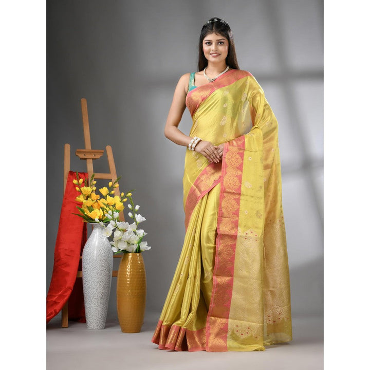 CHARUKRITI Mustard Floral Motifs Tissue Silk Zari Border Saree with Unstitched Blouse