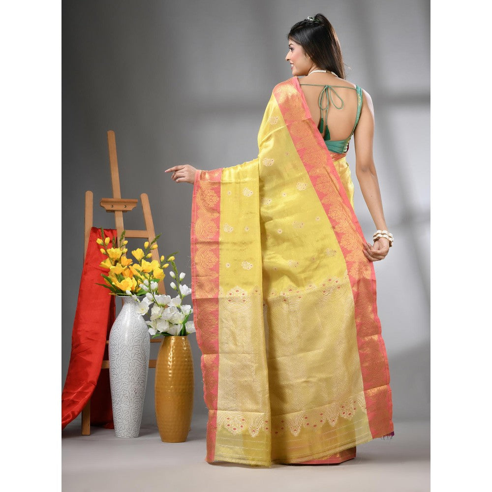 CHARUKRITI Mustard Floral Motifs Tissue Silk Zari Border Saree with Unstitched Blouse