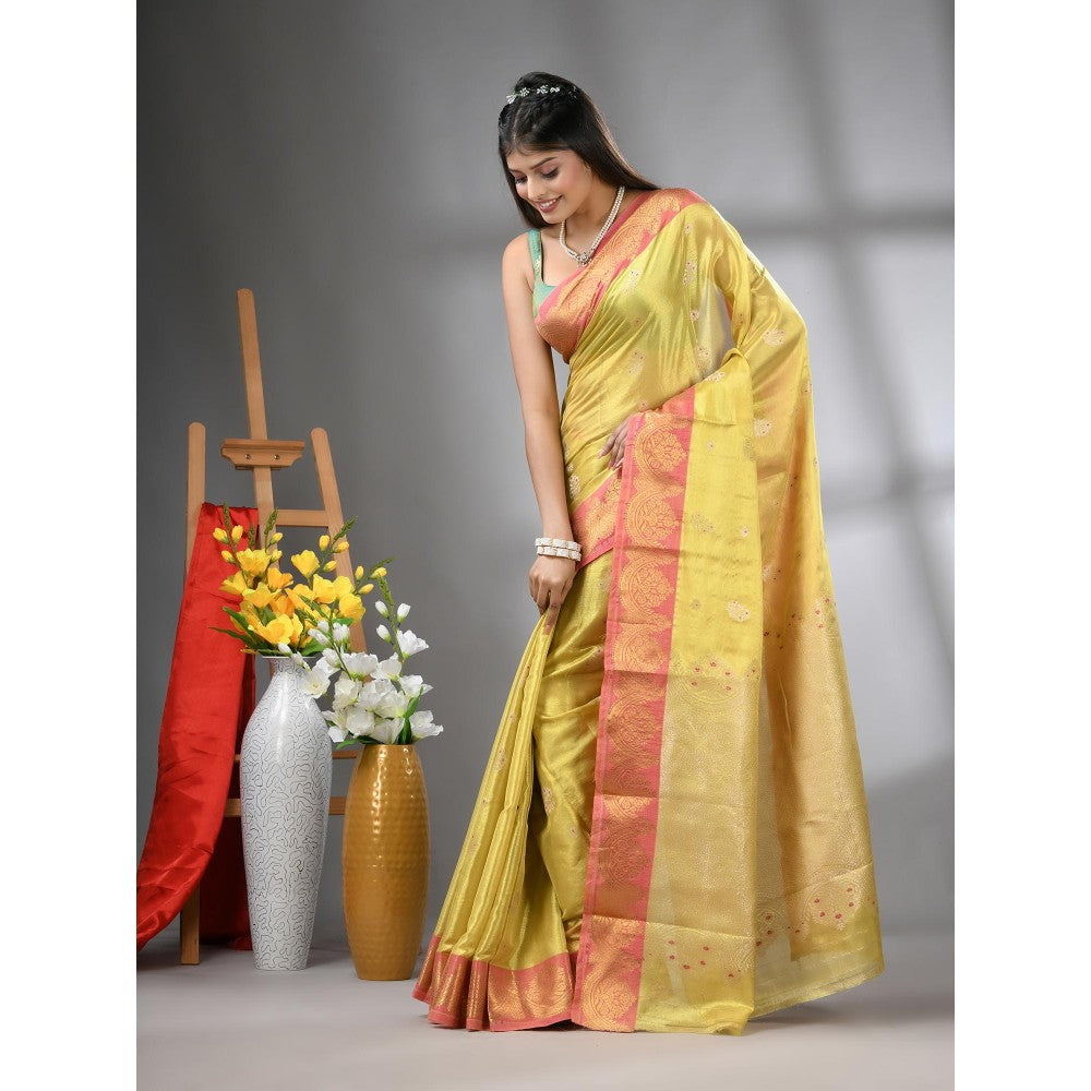 CHARUKRITI Mustard Floral Motifs Tissue Silk Zari Border Saree with Unstitched Blouse