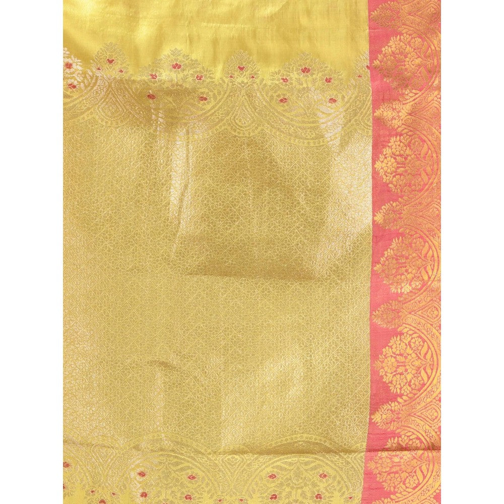 CHARUKRITI Mustard Floral Motifs Tissue Silk Zari Border Saree with Unstitched Blouse