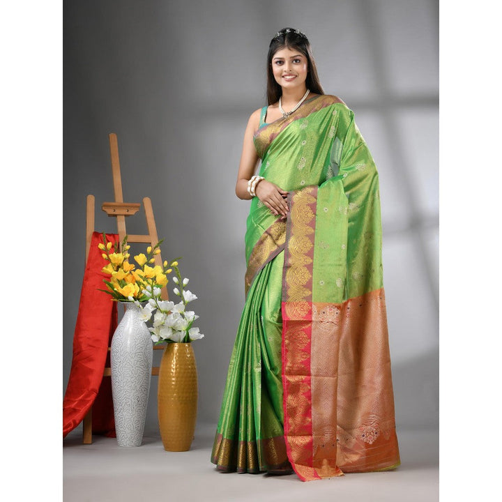 CHARUKRITI Green Floral Motifs Tissue Silk Zari Border Saree with Unstitched Blouse