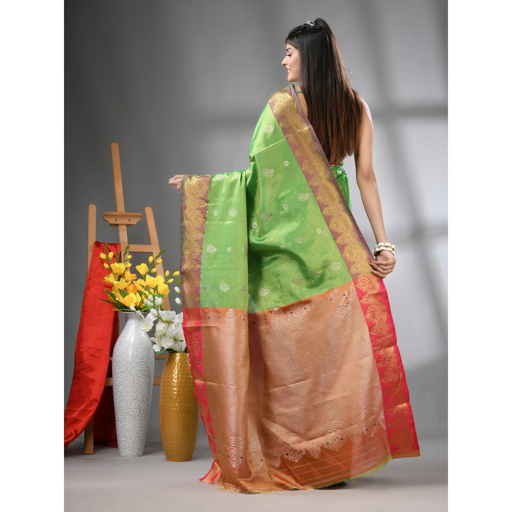 CHARUKRITI Green Floral Motifs Tissue Silk Zari Border Saree with Unstitched Blouse