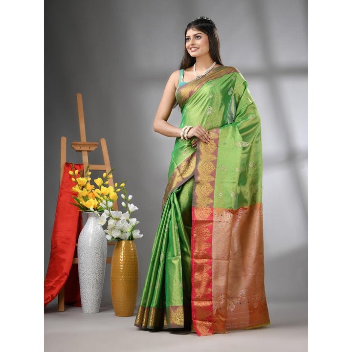 CHARUKRITI Green Floral Motifs Tissue Silk Zari Border Saree with Unstitched Blouse