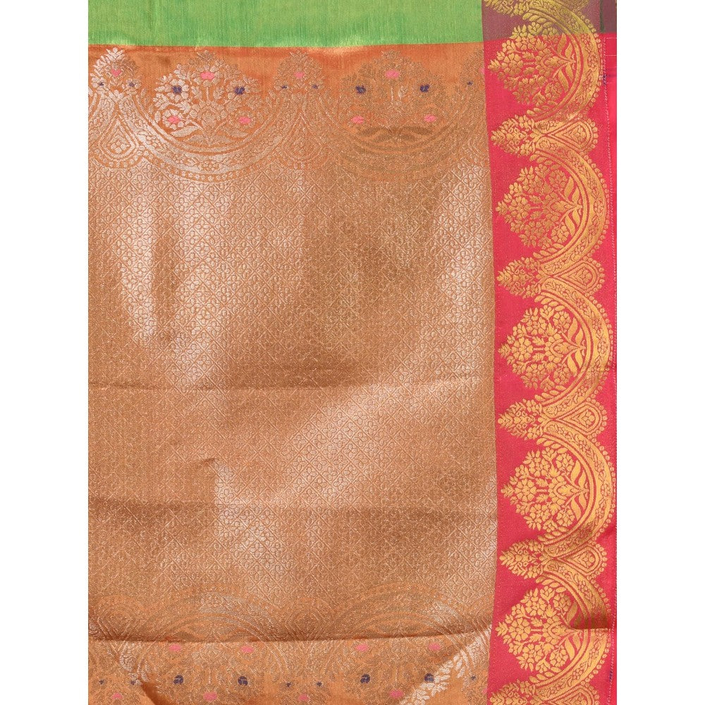 CHARUKRITI Green Floral Motifs Tissue Silk Zari Border Saree with Unstitched Blouse