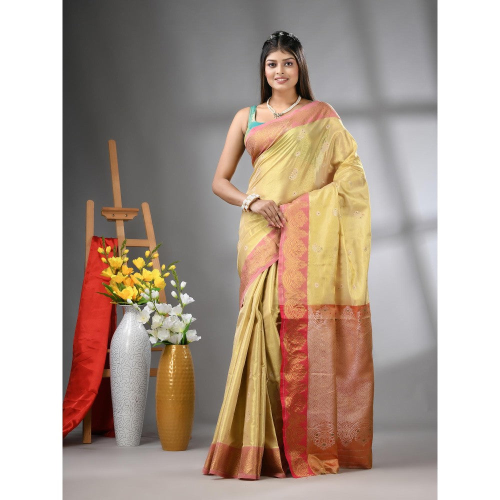 CHARUKRITI Beige Floral Motifs Tissue Silk Zari Border Saree with Unstitched Blouse