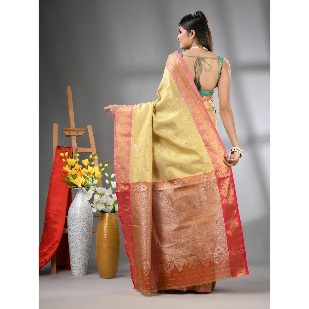 CHARUKRITI Beige Floral Motifs Tissue Silk Zari Border Saree with Unstitched Blouse