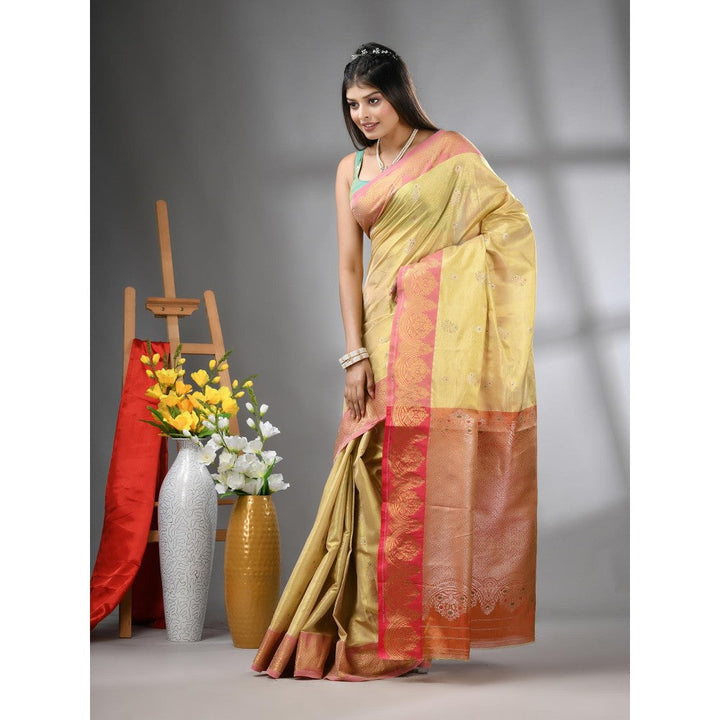 CHARUKRITI Beige Floral Motifs Tissue Silk Zari Border Saree with Unstitched Blouse