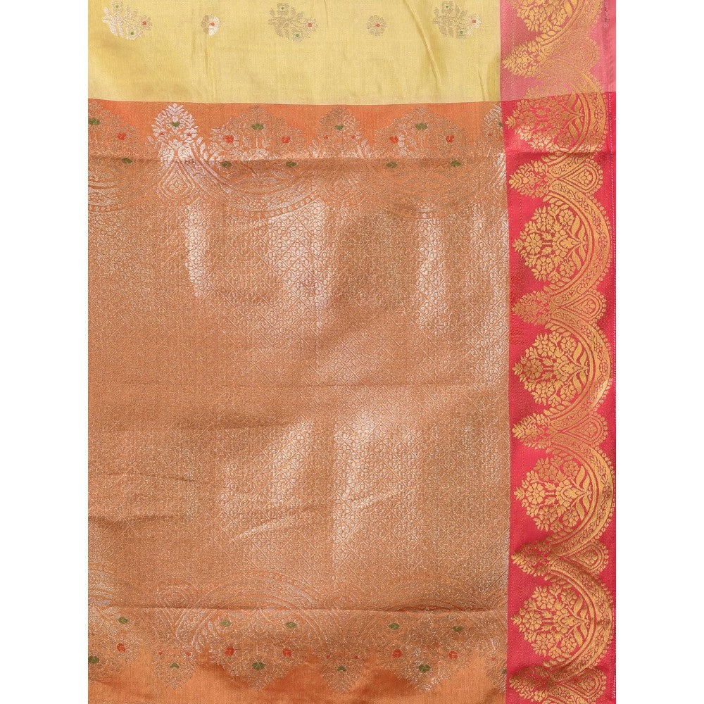 CHARUKRITI Beige Floral Motifs Tissue Silk Zari Border Saree with Unstitched Blouse