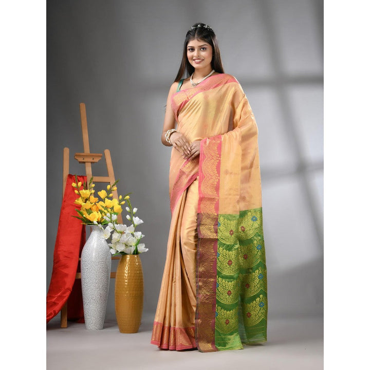 CHARUKRITI Peach Texture Motifs Tissue Silk Zari Border Saree with Unstitched Blouse