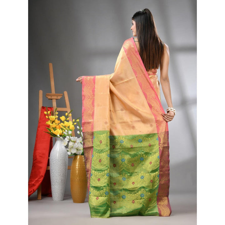 CHARUKRITI Peach Texture Motifs Tissue Silk Zari Border Saree with Unstitched Blouse