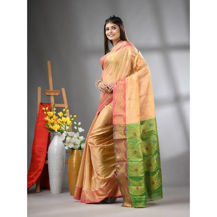 CHARUKRITI Peach Texture Motifs Tissue Silk Zari Border Saree with Unstitched Blouse