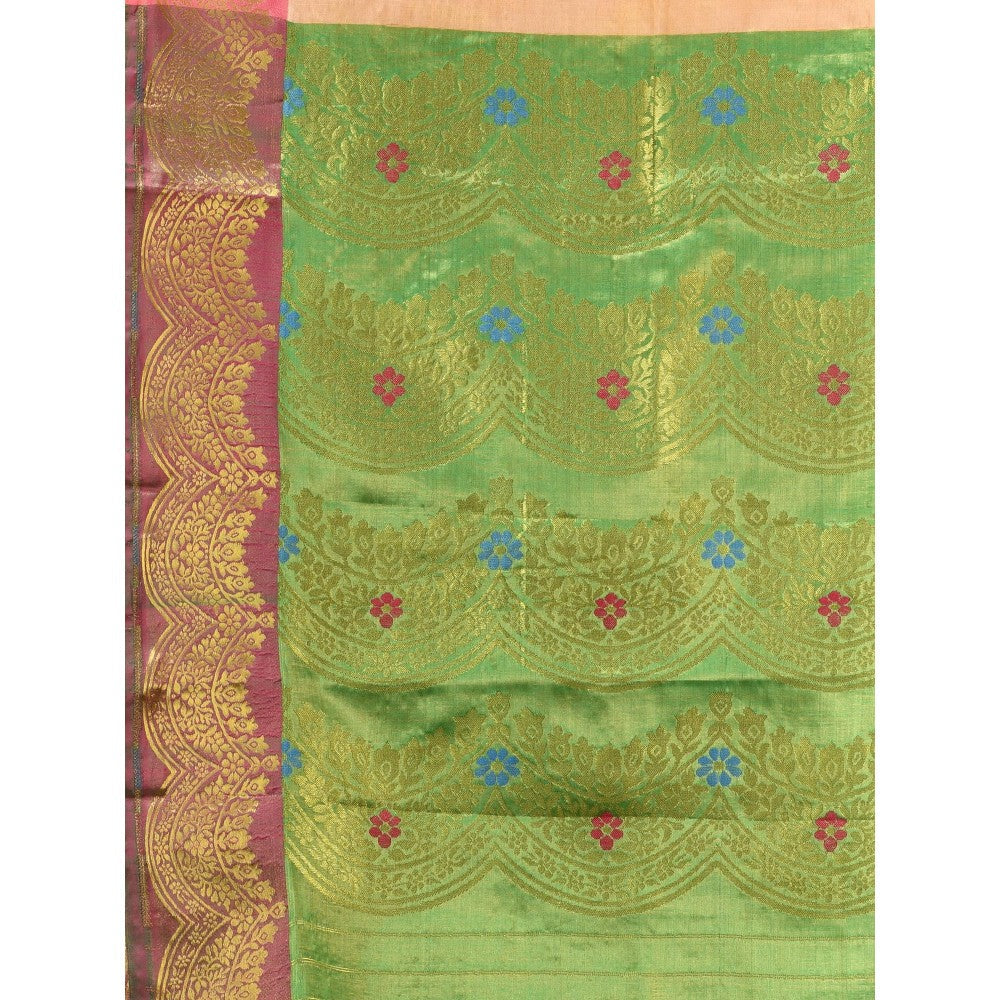 CHARUKRITI Peach Texture Motifs Tissue Silk Zari Border Saree with Unstitched Blouse