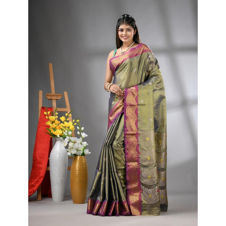 CHARUKRITI Copper Texture Motifs Tissue Silk Zari Border Saree with Unstitched Blouse