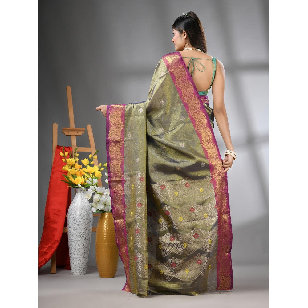 CHARUKRITI Copper Texture Motifs Tissue Silk Zari Border Saree with Unstitched Blouse