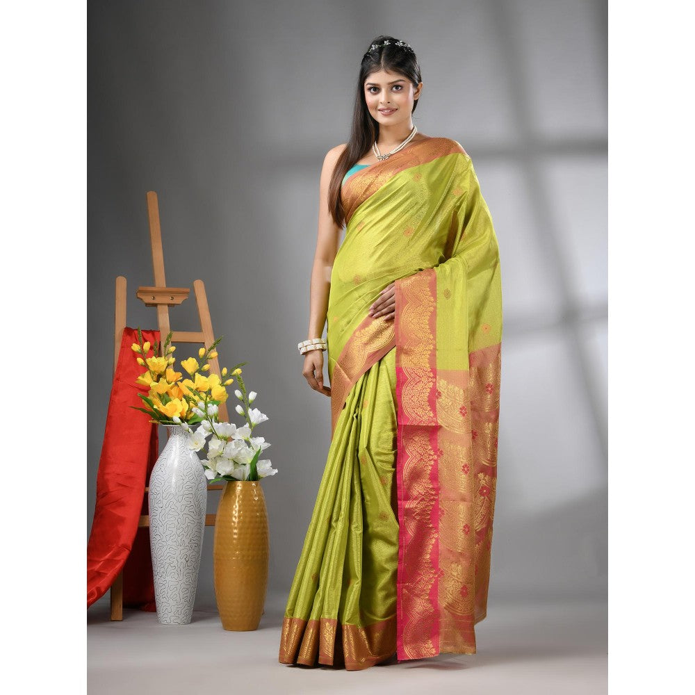 CHARUKRITI Light Green Texture Motifs Tissue Silk Zari Border Saree with Unstitched Blouse