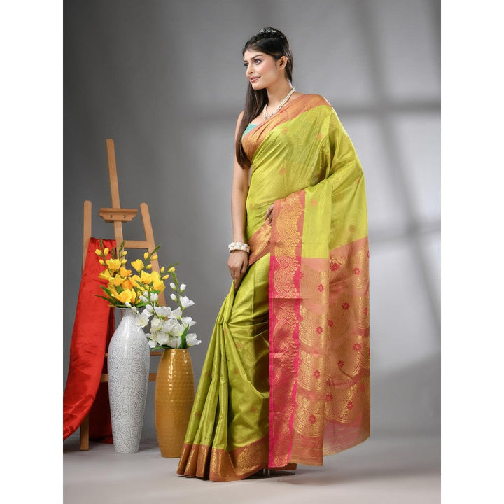 CHARUKRITI Light Green Texture Motifs Tissue Silk Zari Border Saree with Unstitched Blouse